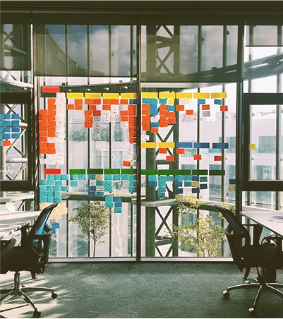 Mur avec des post-it colorés dans un bureau.